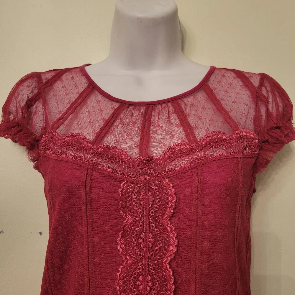 Free‎ People S Lace Babydoll Y2K Top Sheer Cap Sleeves Boho Coquette Chic Summer